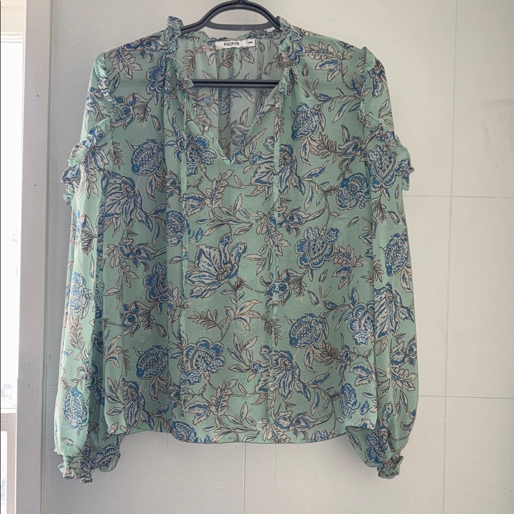 Ricki's Mint Green Floral Tie-Neck Blouse - Picture 5 of 5
